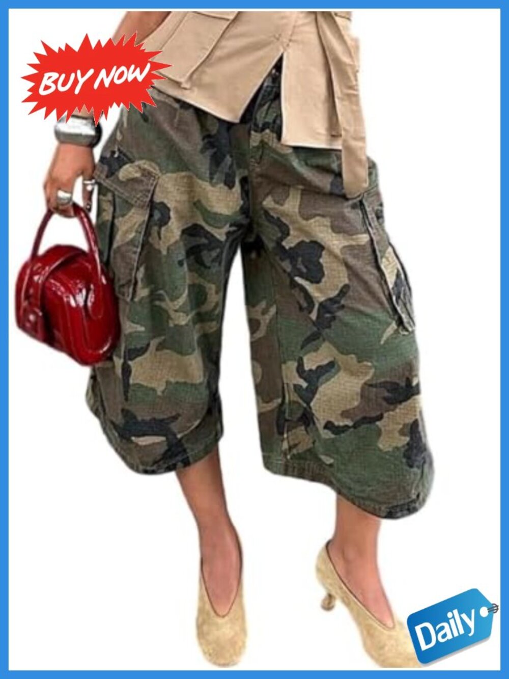 High Waisted Wide Leg Camo Cargo Capri Pants
